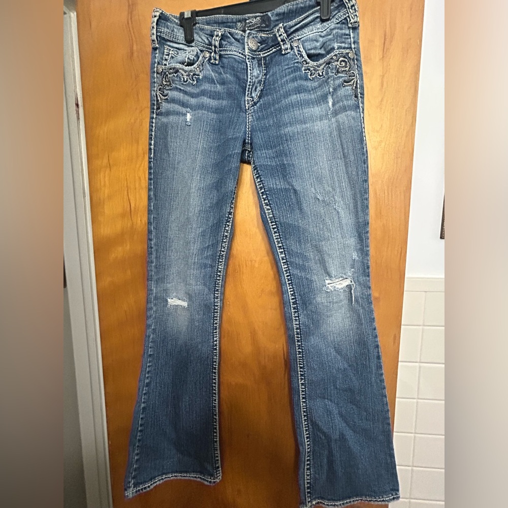 Silver Jeans Suki Women's Distressed Blue Flare Jeans